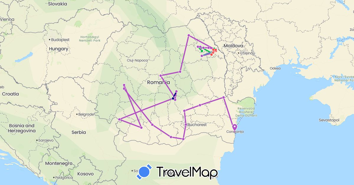 TravelMap itinerary: driving, bus, cycling, train, hiking in Romania (Europe)